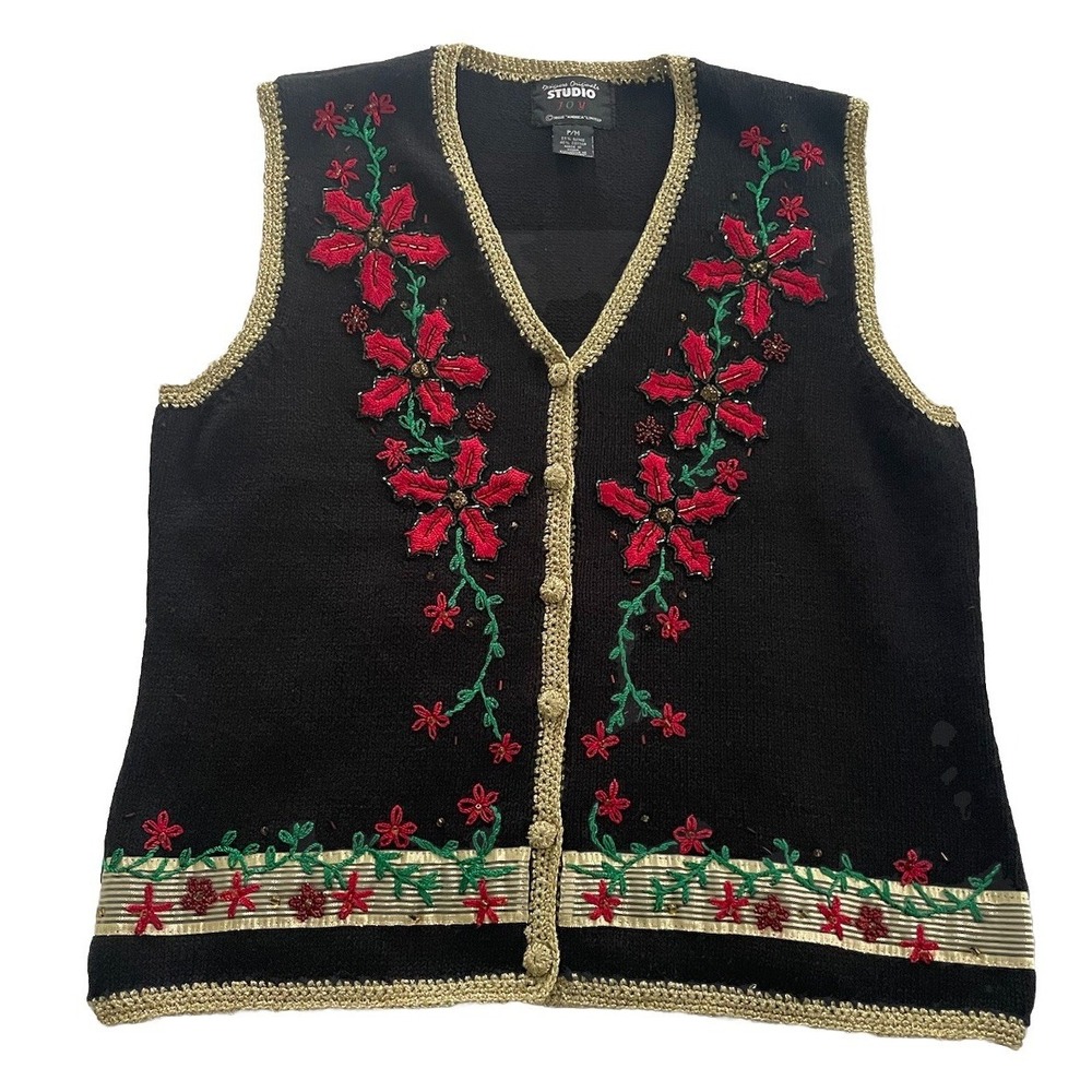 Vtg Studio Joy Embellished Floral Christmas Sweater Vest Knit Petite Med Ugly